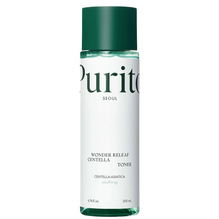 Pure bottle of Purito Wonder Releaf Centella Toner with a clear label, placed on a white surface.