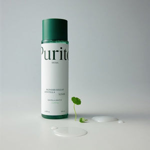 Purito Wonder Releaf Centella Toner bottle with label, featuring a green and white design on a clean background.