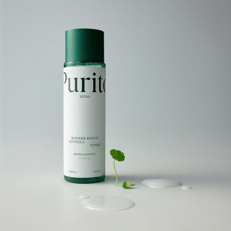 Purito Wonder Releaf Centella Toner bottle with label, featuring a green and white design on a clean background.
