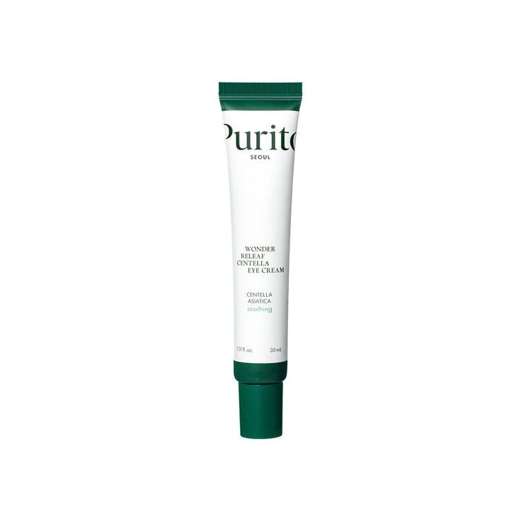 Selenaire Purito Wonder Releaf Centella Eye Cream jar with green and white packaging, showcasing soothing skincare for the delicate eye area.