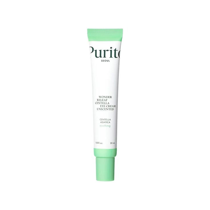 Unscented Purito Wonder Releaf Centella Eye Cream jar with a clean, minimalist design, highlighting the skincare product's branding and packaging