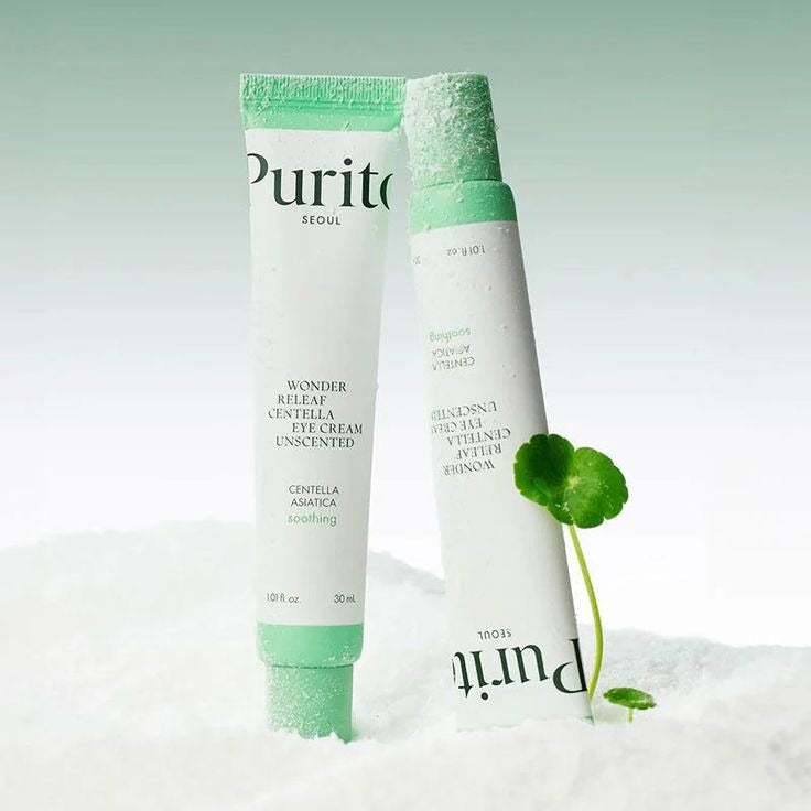 Unscented Purito Wonder Releaf Centella Eye Cream jar with label, designed for gentle skin care around the eyes.