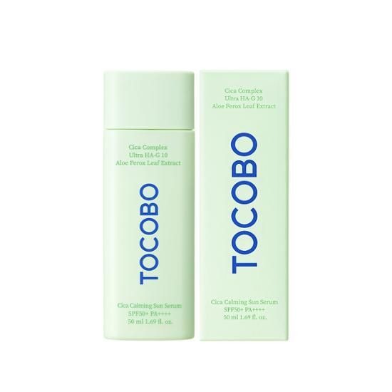 Tocobo Cica Calming Sun Serum in a clear bottle with pump, featuring a minimalist label, designed for soothing skincare.