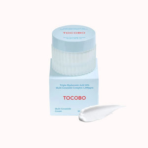 Tocobo Multi Ceramide Cream by SELENAIRE shown in a white jar with a blue lid, highlighting its moisturizing skincare formula.
