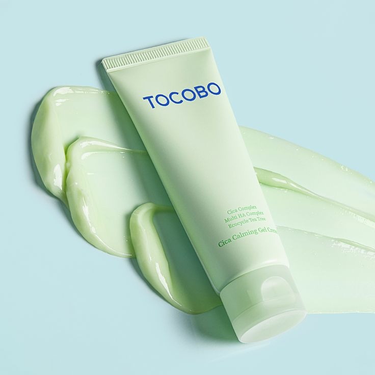 Tocobo Cica Calming Gel Cream by SELENAIRE shown in a jar with soothing ingredients and a calming skincare texture.