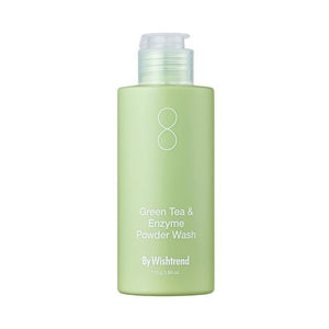 SELENAIRE Green Tea & Enzyme Powder Wash by Wishtrend, jumbo size, showing the powder in a clear container with green tea leaves