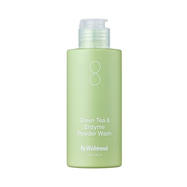 SELENAIRE Green Tea & Enzyme Powder Wash by Wishtrend, jumbo size, showing the powder in a clear container with green tea leaves