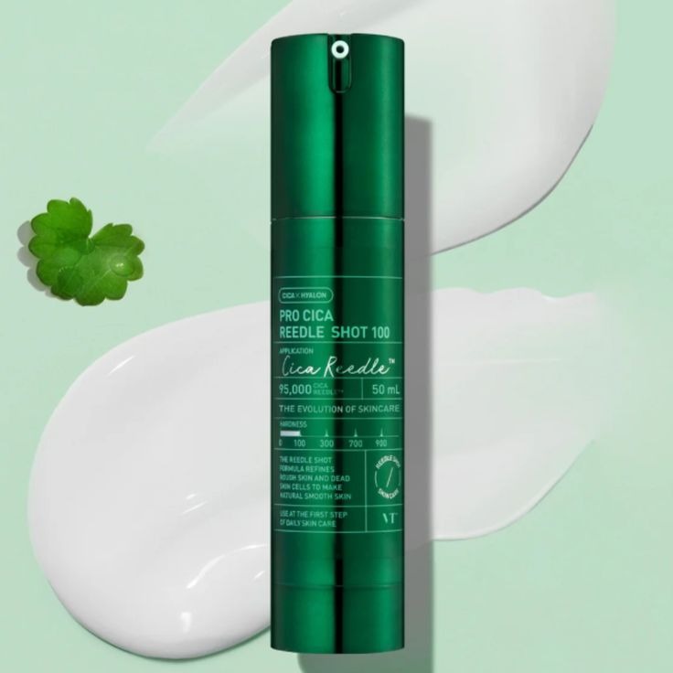 VT Cosmetics Pro Cica Reedle Shot 100 serum bottle with dropper, featuring sleek packaging and clear labeling.
