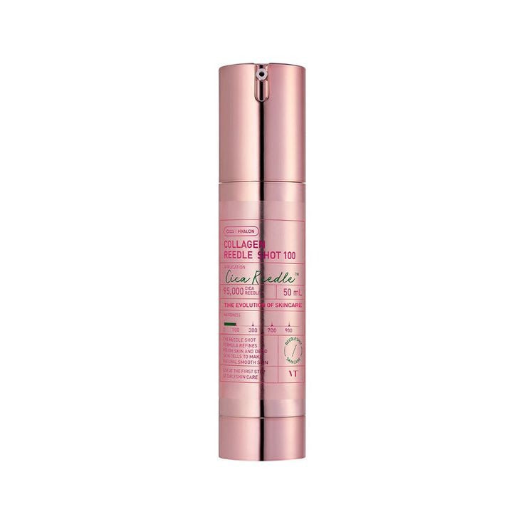 VT Cosmetics Collagen Reedle Shot 100 by SELENAIRE in a sleek bottle, featuring a clear liquid and a modern label design.