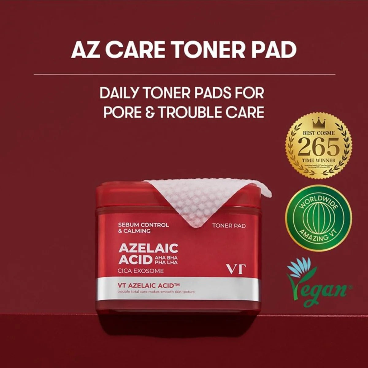 VT Cosmetics AZ Care Toner Pad by SELENAIRE, shown in open packaging with toner pads neatly stacked inside.