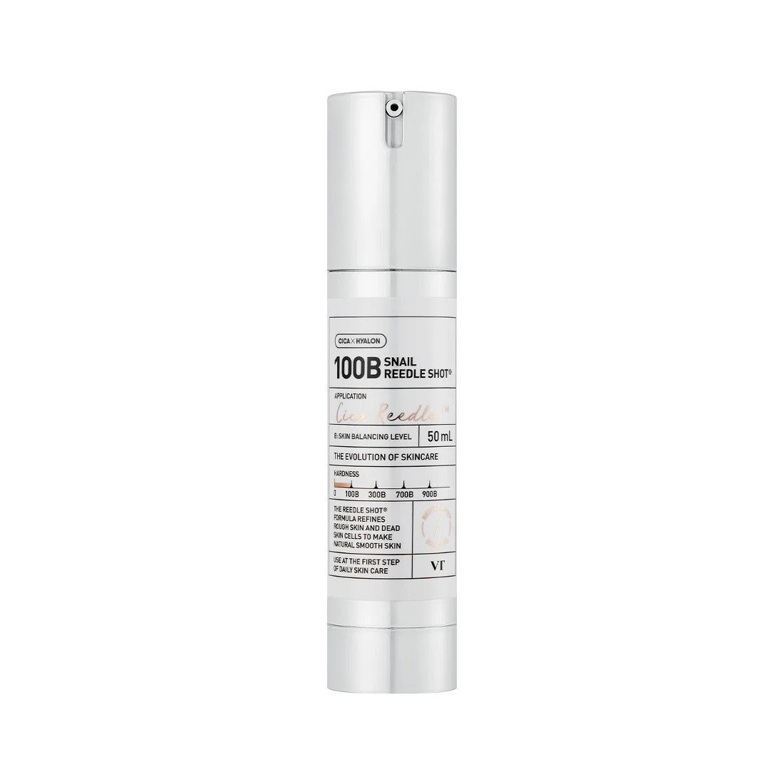 VT Cosmetics Snail Reedle Shot 100B bottle with sleek packaging, featuring the product label and branding on a white background.