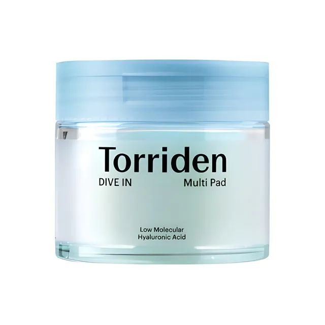 Torriden DIVE-IN low molecule hyaluronic acid multi pad by SELENAIRE, showing a close-up of the textured skincare pad.