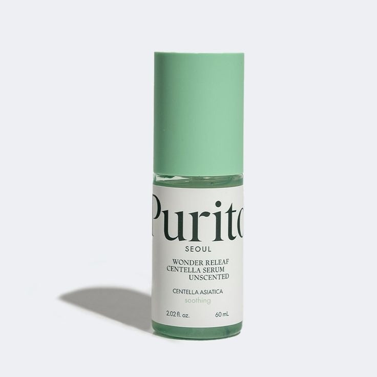 Selenaire Purito Wonder Releaf Centella Serum Unscented in a clear glass bottle with a pump dispenser, placed on a white background.