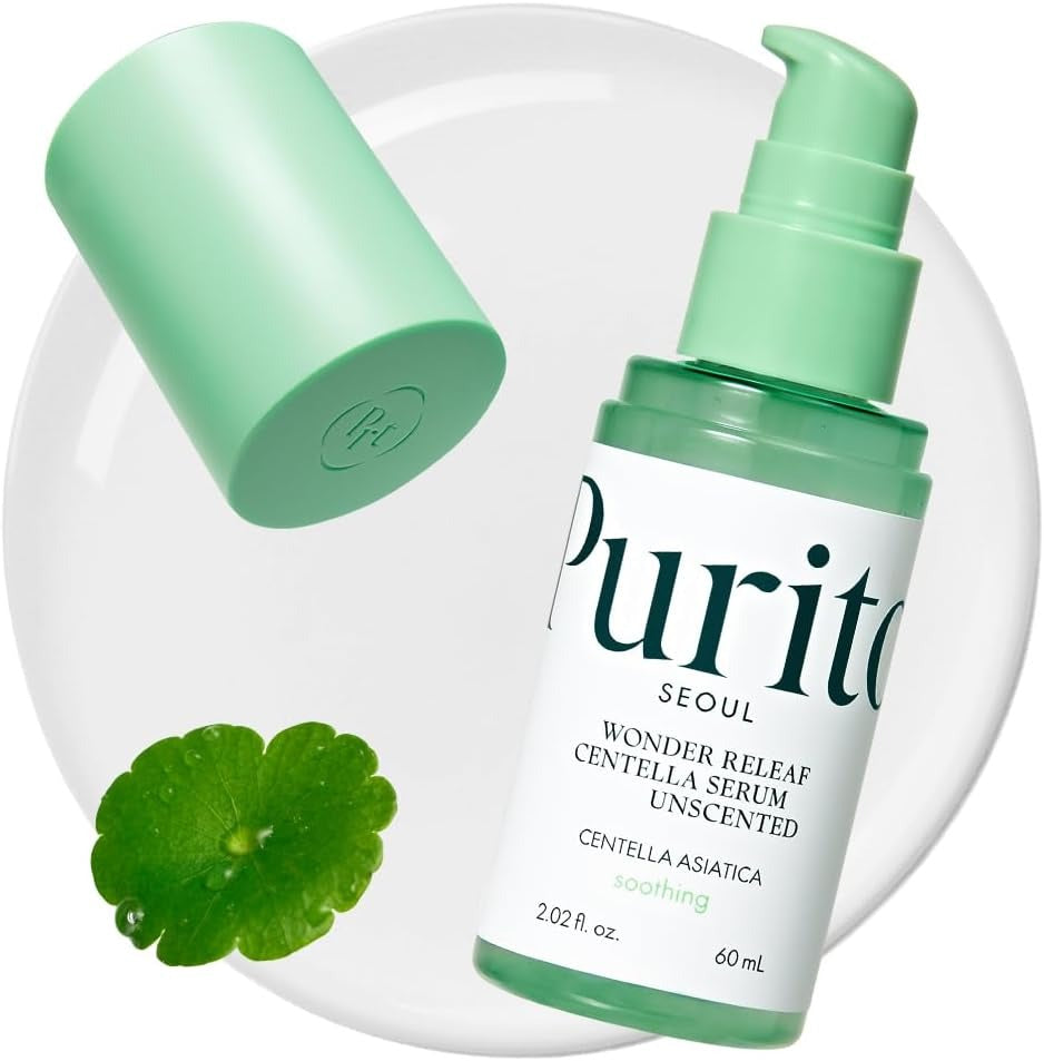 Unscented Purito Wonder Releaf Centella Serum bottle with dropper from Selenaire on a white background.