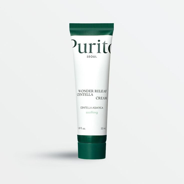 Purito Wonder Releaf Centella Cream jar with a green lid and label, showcasing soothing skincare for sensitive skin.