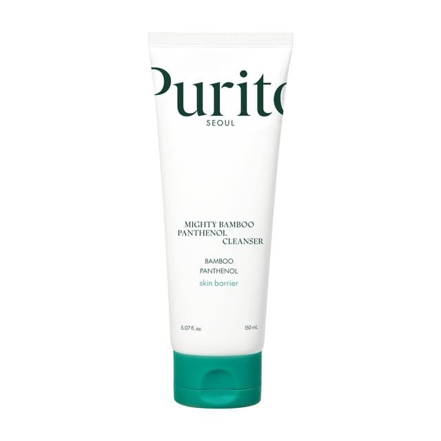 Purito Mighty Bamboo Panthenol Cleanser in a white tube with green accents, suitable for gentle facial cleansing.