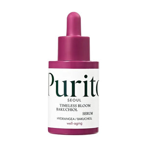 Purito Timeless Bloom Bakuchiol Serum bottle with dropper, featuring a white and green packaging design.