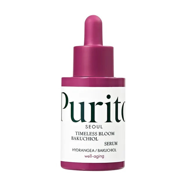 Purito Timeless Bloom Bakuchiol Serum bottle with dropper, featuring a white and green packaging design.