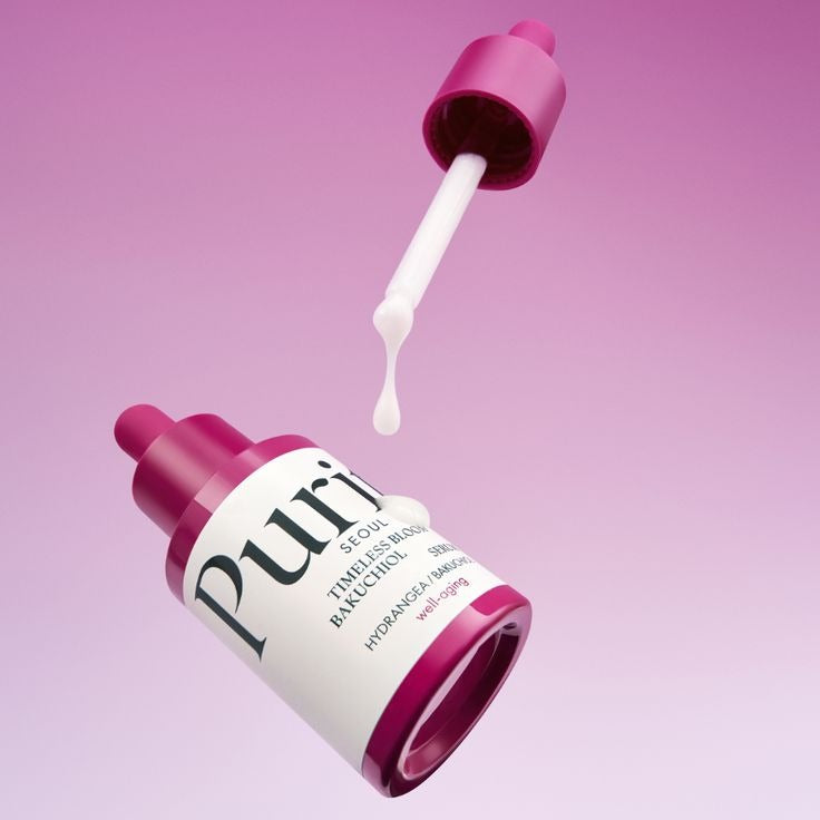 Purito Timeless Bloom Bakuchiol Serum bottle with skincare labels, displayed on a neutral background.