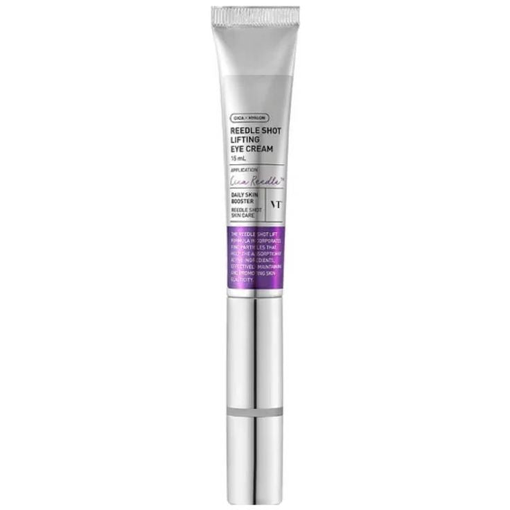 VT Cosmetics Reedle Shot Lifting Eye Cream jar with white and pink packaging, displayed on a neutral background.