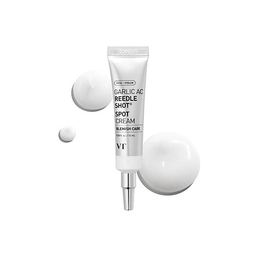 VT Cosmetics Garlic AC Reedle Spot Cream by SELENAIRE shown in a tube with garlic extract ingredients on a white background.