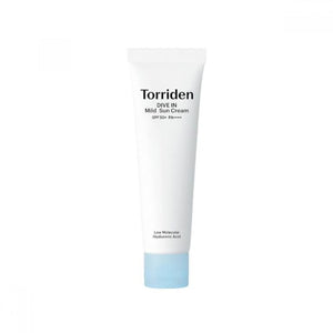Torriden DIVE-IN Mild Suncream by SELENAIRE in a tube, shown with the product packaging and a sunlit outdoor background.