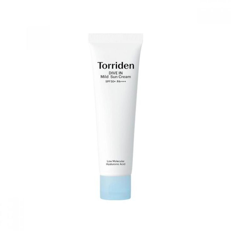 Torriden DIVE-IN Mild Suncream by SELENAIRE in a tube, shown with the product packaging and a sunlit outdoor background.
