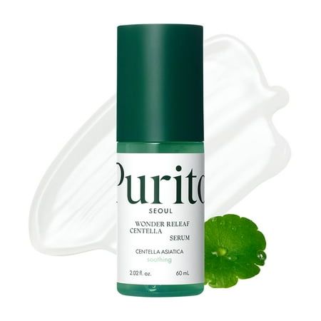 Purito Wonder Releaf Centella Serum bottle with dropper, featuring a green and white label, on a clean background.