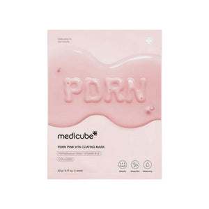 Medicube PDRN Pink Vita Coating Mask Set with 10 sheets, featuring brightening and hydrating skincare ingredients on the mask sheets.