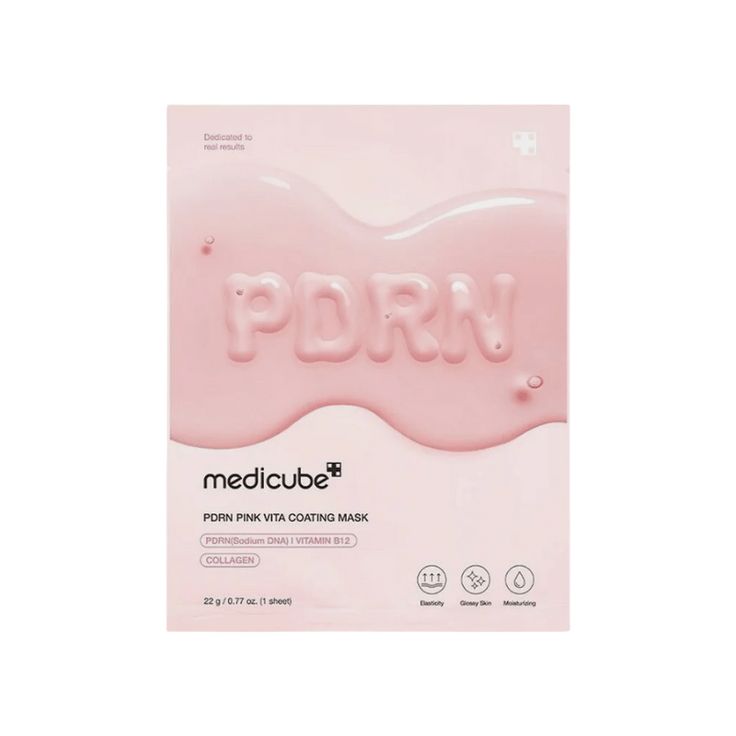 Medicube PDRN Pink Vita Coating Mask Set with 10 sheets, featuring brightening and hydrating skincare ingredients on the mask sheets.